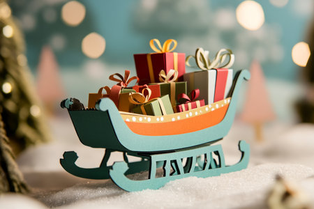 A handcrafted paper sleigh carrying tiny paper presents, set in a whimsical holiday scene.の素材