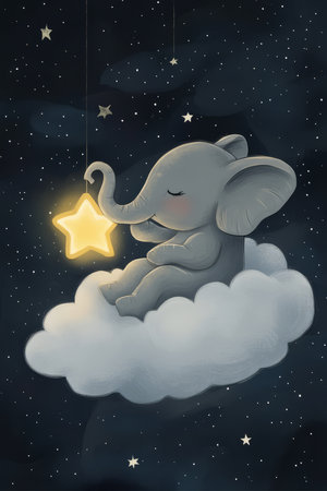 A playful, stylized illustration of a sleepy baby elephant holding a glowing star in its trunk while floating through the night sky on a fluffy cloud. The scene radiates warmth and gentle wonder, perfect for children's decor.の素材