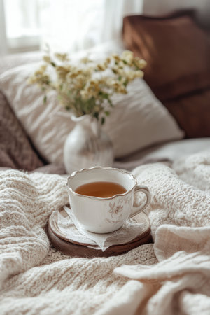 A heartfelt digital watercolor card with a warm cup of tea, a cozy blanket, and gentle words of comfort for a friend recovering.の素材