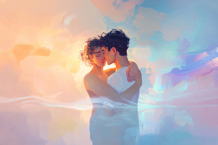A gentle and uplifting digital illustration of a person embracing their reflection in the mirror, surrounded by soft light, symbolizing self love and acceptance.の素材