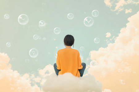 A person sitting on a cloud, surrounded by thought bubbles filled with uplifting affirmations, promoting positive mental health.の素材