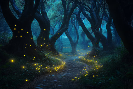 A mystical firefly forest at midnight, with glowing insects illuminating a winding path through ancient, towering trees.の素材