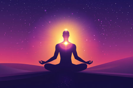 A serene illustration of a person meditating with soft glowing light radiating from their body, representing the mental clarity and peace that comes from consistent self care.の素材
