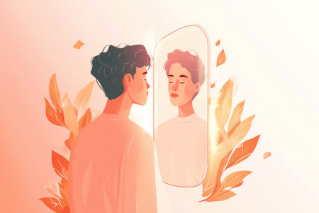 A dreamy and inspiring illustration of a person looking at themselves in the mirror, their reflection filled with self love and confidence, symbolizing self acceptance and emotional recovery.の素材