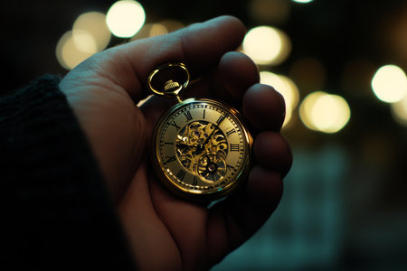 A close up of a hand holding a golden pocket watch, showing the last seconds before midnight on New Year Eve.の素材