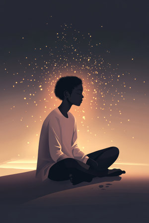 A peaceful illustration of a person sitting with eyes closed, surrounded by a soft glow, symbolizing inner peace, self love, and a strong sense of self worth.の素材