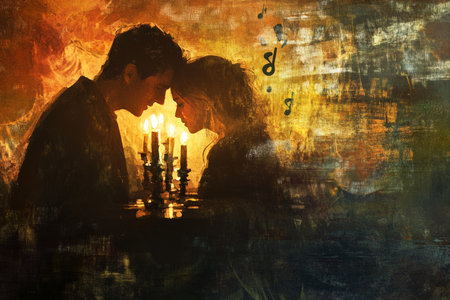 A cinematic and romantic painting of a couple looking at each other across a candle lit dinner, soft music notes floating in the background, symbolizing deep connection and emotional warmth.の素材