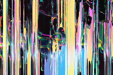 A neon colored glitch pattern, with vertical lines of distortion and bright streaks cutting through in an erratic, high energy composition.の素材