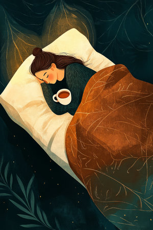 A cozy and inviting illustration of a person curled up in a blanket with a cup of warm tea, surrounded by a soft glow and comforting textures, representing the peacefulness of mindfulness.の素材