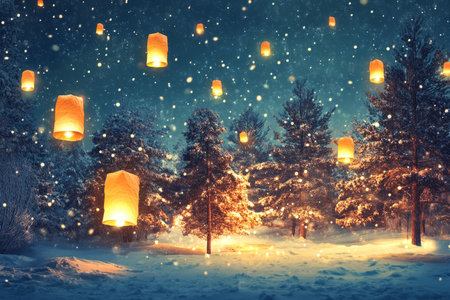 A snowy New Year's Eve landscape with glowing lanterns floating into the night sky, illuminating the peaceful scene.の素材