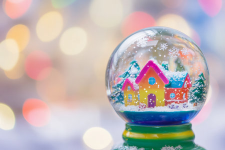A vibrant snow globe with a rainbow colored village inside, surrounded by sparkling snowflakes.の素材