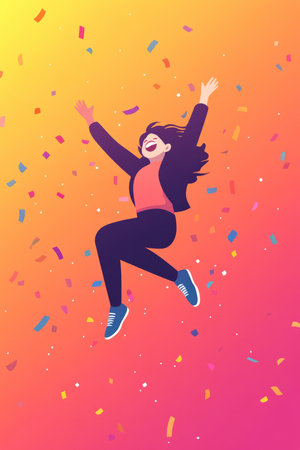 A colorful illustration of a person jumping in joy with confetti falling around them, symbolizing the positivity and excitement that accompanies an optimistic attitude.の素材