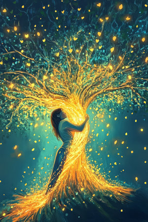A radiant and uplifting illustration of a person hugging a glowing tree, the energy flowing between them symbolizing deep empathy, kindness, and interconnectedness.の素材