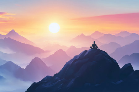 A tranquil illustration of a person sitting in a meditative pose on a mountain peak, watching the sun rise over the horizon.の素材