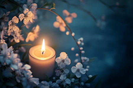 A peaceful illustration of a candle glowing in the dark, surrounded by soft, delicate flowers, symbolizing remembrance and emotional healing during grief.の素材