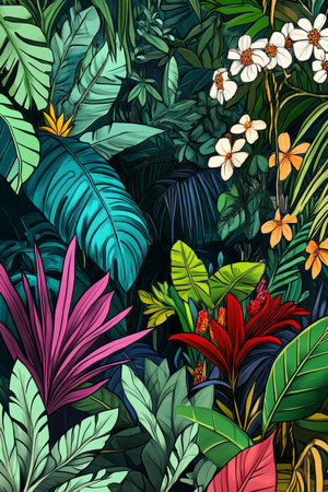 A vibrant, hand drawn digital painting of a lush jungle teeming with exotic plants, oversized leaves, and bright tropical flowers, with hidden wildlife peeking through the foliage.の素材