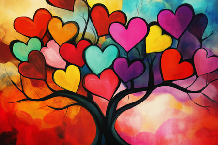 A vibrant, abstract illustration of interconnected hearts forming a tree, symbolizing love, growth, and deep rooted relationships.の素材