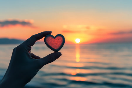 An illustration of a person holding a heart shaped stone, standing by a calm ocean at sunrise, symbolizing the emotional healing process and finding peace.の素材