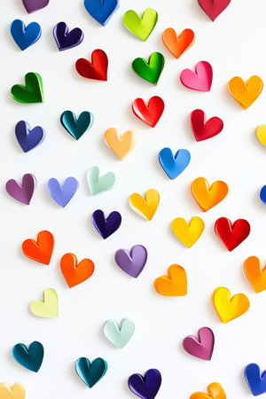 A playful and vibrant illustration of colorful hearts scattered across a white background, creating a lively and joyful pattern.の素材