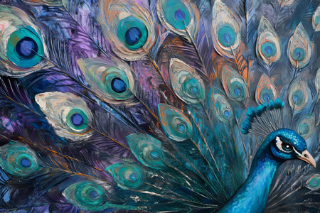 A close up of a majestic peacock with its feathers fully fanned out, showing iridescent blues, greens, and purples. Each individual feather is highly detailed, with shimmering eye like patterns enhancing the bird elegance and beauty.の素材
