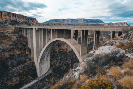 A brutal massiveist bridge stretching across a deep canyon, its raw concrete structure standing starkly against the natural landscape.の素材