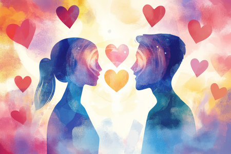 A colorful illustration of two people exchanging kind words, surrounded by hearts and light, symbolizing the power of loving communication in a relationship.の素材