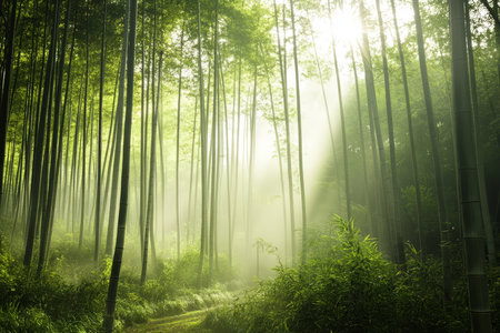 A tranquil bamboo grove, where a gentle mist rolls over the ground, and soft sunlight filters through tall green stalks.の素材