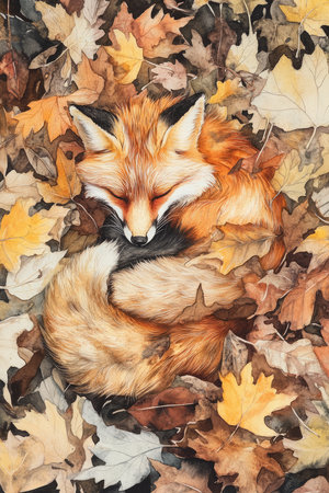 A charming watercolor illustration of a fluffy red fox curled up in a bed of autumn leaves, its fur blending harmoniously with the warm colors.の素材