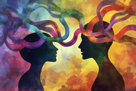 A vibrant and uplifting illustration of two people talking, their words represented as colorful flowing ribbons connecting them, symbolizing open and healthy communication.の素材