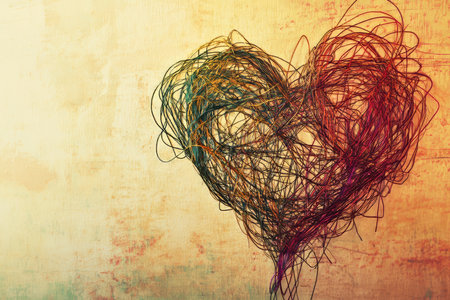 An abstract illustration of tangled threads slowly unravelling to form a heart, symbolizing untangling emotional challenges and finding clarity through mental health practices.の素材