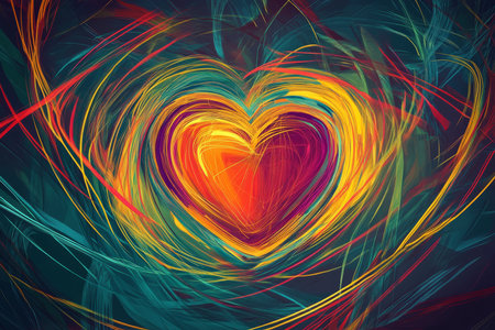 A vibrant, abstract illustration of a heart surrounded by comforting, energetic lines that form a protective aura, symbolizing emotional support and resilience through empathy.の素材