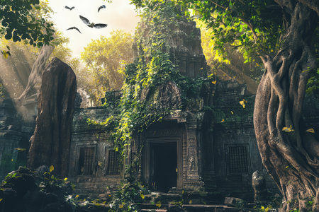A lush overgrown temple, reclaimed by nature, with vines covering ancient stone carvings and birds flying overhead.の素材