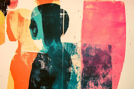 A vintage risograph zine page featuring abstract human silhouettes, rough ink textures, and high contrast color combinations.の素材