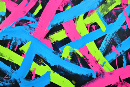 A vibrant abstract painting with thick strokes of electric blue, lime green, and bright pink blending together in a chaotic composition.の素材