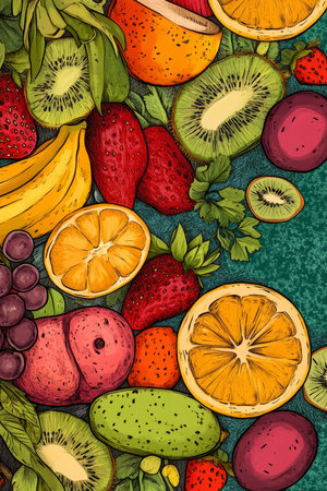A vibrant, hand drawn illustration of a table filled with bright fruits and vegetables, promoting the benefits of a healthy diet and nourishing the body.の素材