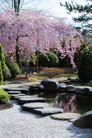 A peaceful Japanese Zen garden with smooth stones, a small pond, and delicate cherry blossoms.の素材