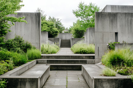 A raw brutalist garden, where sculptural concrete benches and rigid pathways are surrounded by sparse greenery and stark concrete walls.の素材