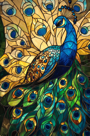 A mesmerizing stained glass illustration of a majestic peacock, its tail feathers glowing with intricate patterns in shades of blue, green, and gold.の素材
