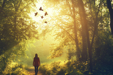 A woman enjoying a nature walk through a vibrant forest, birds flying above and sunlight filtering through the trees.の素材