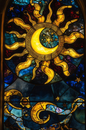 A rich and intricate stained glass window design featuring a celestial sun and moon motif, with golden rays extending outward. The vibrant jewel tones give it a mystical and timeless quality.の素材