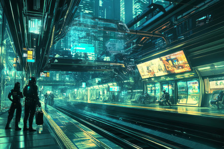 A dystopian cyberpunk subway station, with flickering holographic advertisements and robotic guards patrolling the platforms.の素材