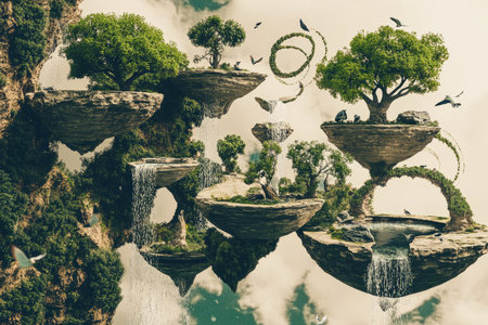 A floating surreal garden where trees grow upside down, waterfalls flow upward, and birds fly in spiral formations.の素材