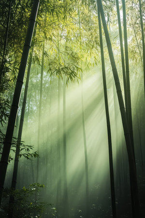 A misty morning view of a bamboo forest, where soft rays of sunlight filter through the dense green stalks, creating an ethereal and peaceful setting.の素材