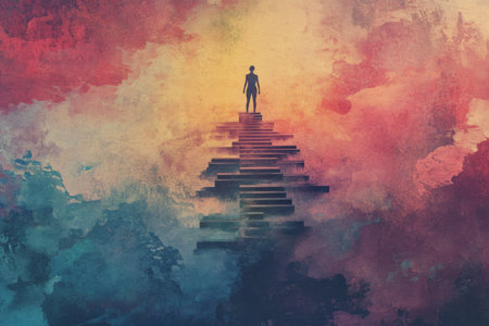 A poetic and empowering illustration of a person standing at the top of a staircase made of sweat and effort, symbolizing progress, growth, and fitness achievements.の素材