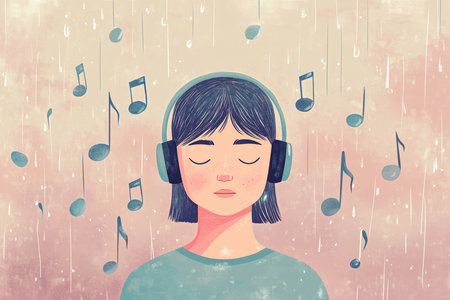 A pastel colored illustration of a person peacefully listening to rain sounds on headphones, with raindrops forming musical notes.の素材