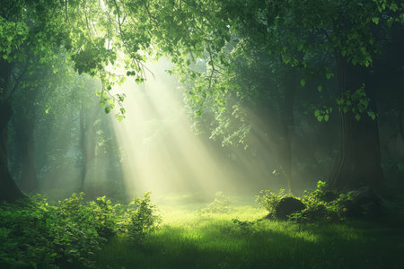 A lush green rainforest with mist rising from the underbrush, and light filtering through the dense canopy, creating a peaceful, dreamlike atmosphere.の素材
