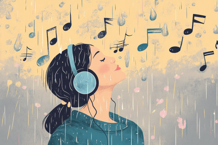 A pastel colored illustration of a person peacefully listening to rain sounds on headphones, with raindrops forming musical notes.の素材