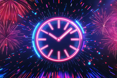 A retro inspired neon New Year Eve poster, featuring bold typography, 80s style color gradients, and a glowing countdown clock.の素材