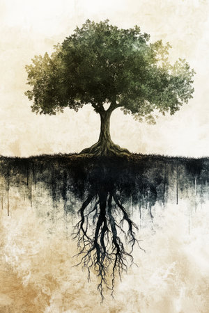 A minimalistic and symbolic digital painting of a tree with roots deeply planted in the earth, representing groundedness, stability, and the strength to maintain personal boundaries.の素材
