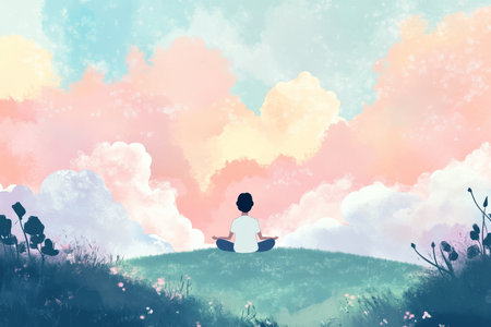 A calming digital illustration of a person meditating in a peaceful park, surrounded by gentle clouds, symbolizing mindfulness and mental clarity in a serene environment.の素材